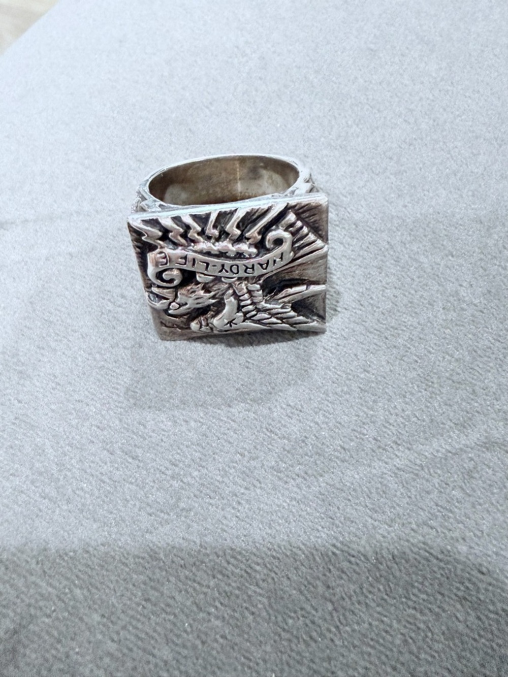 Ed Hardy Silver Square Winged Skull Statement Ring - Picture 3 of 4